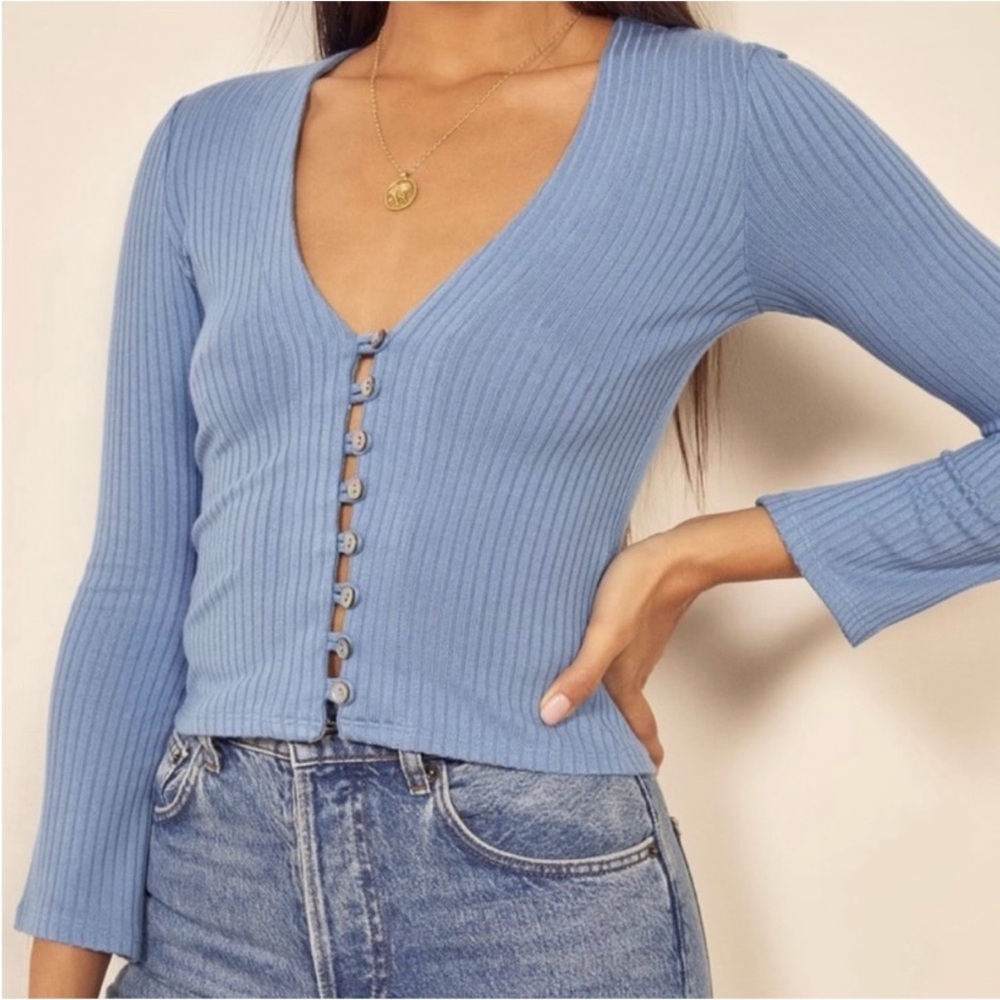 Reformation Parisian Blue Ribbed Knit Top Gellar